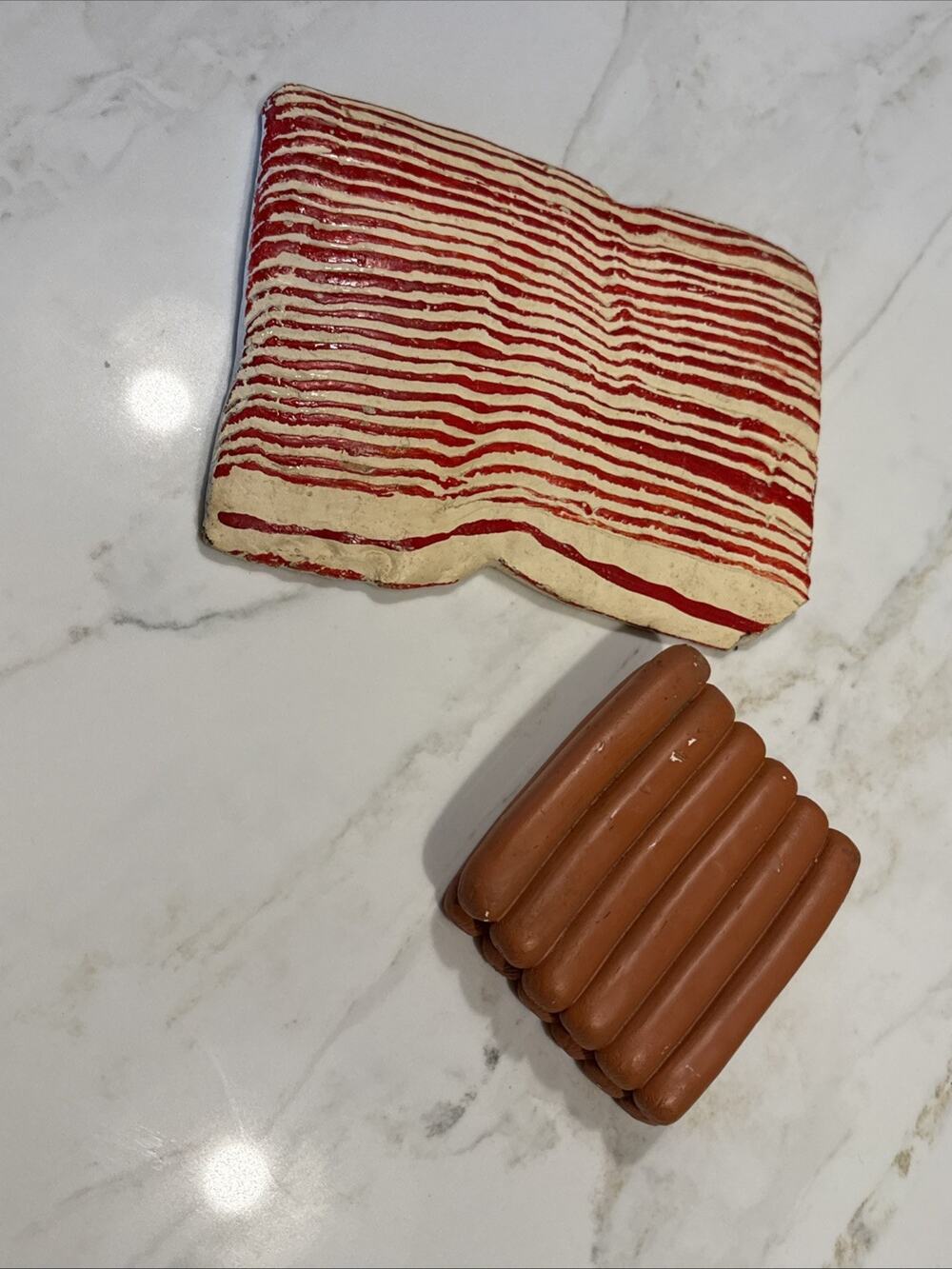 1940 50's Plaster Chalkware Bacon Hotdog Grocery Store Butcher Shop Display